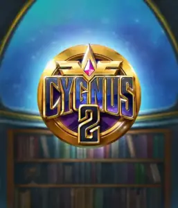 Explore the enchanting visuals of Cygnus 2 Slot by ELK Studios, highlighting a luxurious emblem with a shining design in purple and gold. Positioned against a starlit library backdrop, this image captures the essence of adventure and mystery. 